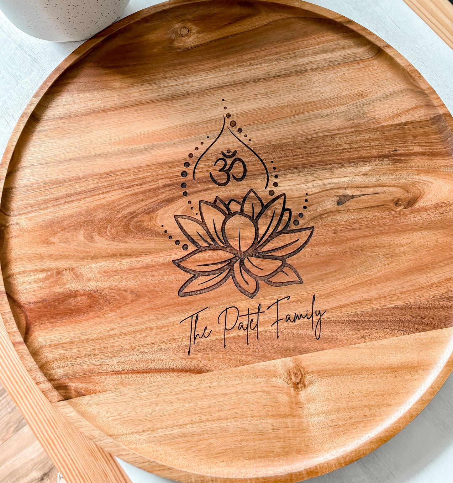 Lotus Flower Round Acacia Tray WITH NAME